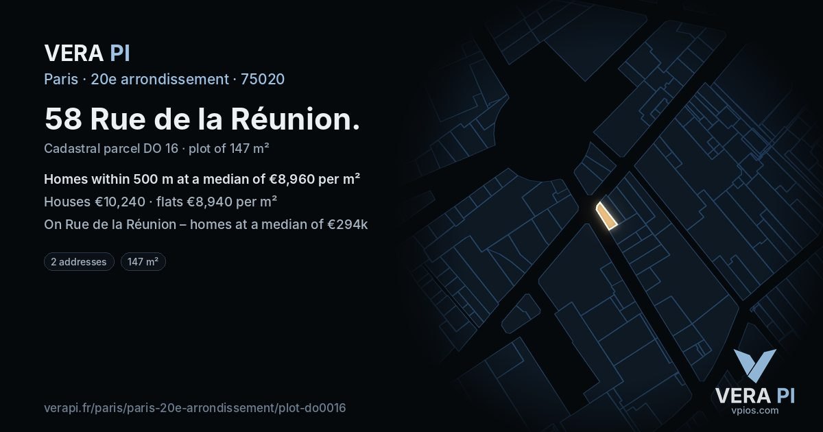 58 Rue de la Réunion, 20e arrondissement at night – the plot lit, the parcels around coloured by the prices near them