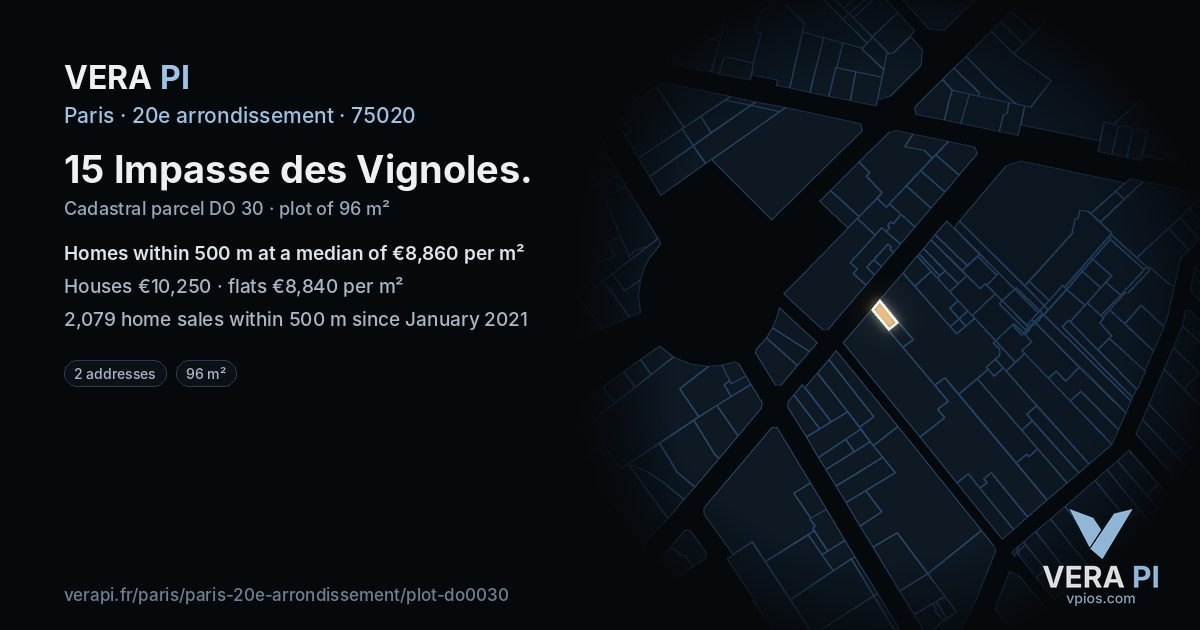15 Impasse des Vignoles, 20e arrondissement at night – the plot lit, the parcels around coloured by the prices near them