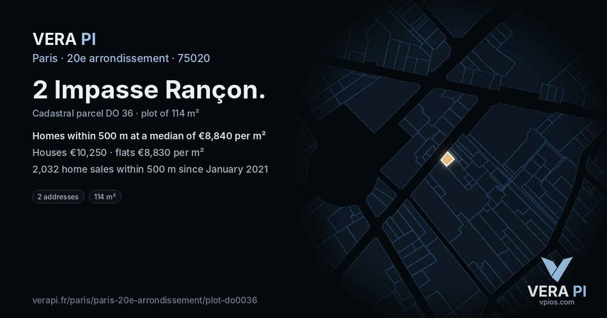 2 Impasse Rançon, 20e arrondissement at night – the plot lit, the parcels around coloured by the prices near them