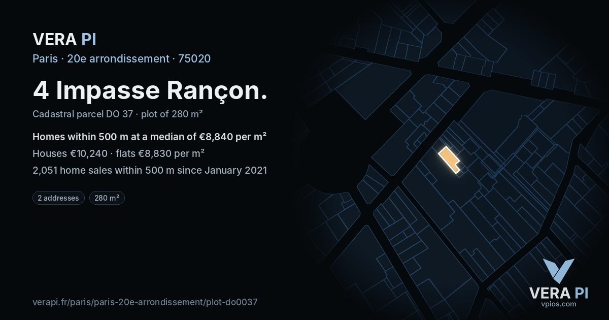 4 Impasse Rançon, 20e arrondissement at night – the plot lit, the parcels around coloured by the prices near them