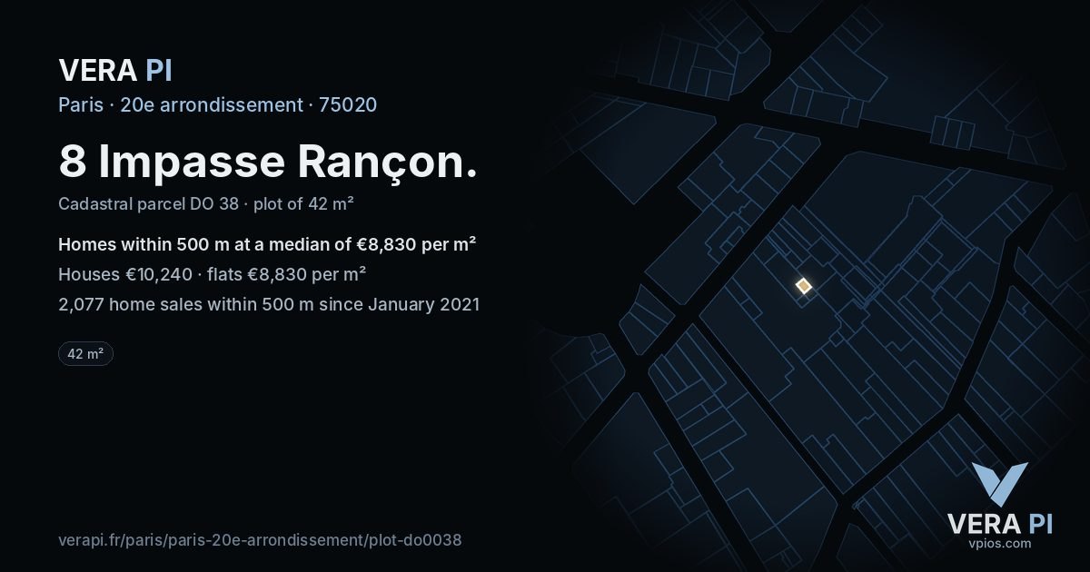 8 Impasse Rançon, 20e arrondissement at night – the plot lit, the parcels around coloured by the prices near them