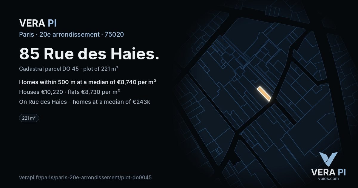 85 Rue des Haies, 20e arrondissement at night – the plot lit, the parcels around coloured by the prices near them