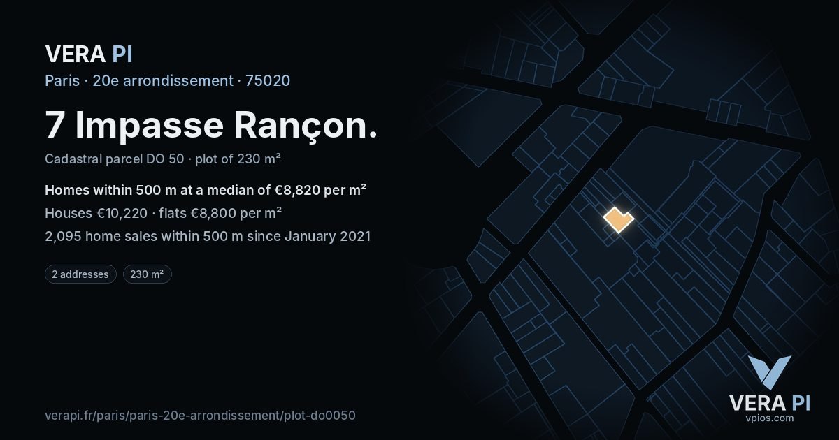 7 Impasse Rançon, 20e arrondissement at night – the plot lit, the parcels around coloured by the prices near them