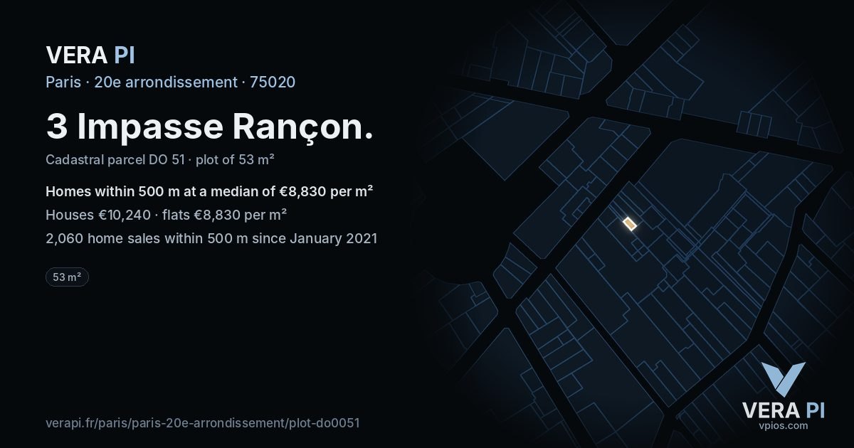 3 Impasse Rançon, 20e arrondissement at night – the plot lit, the parcels around coloured by the prices near them