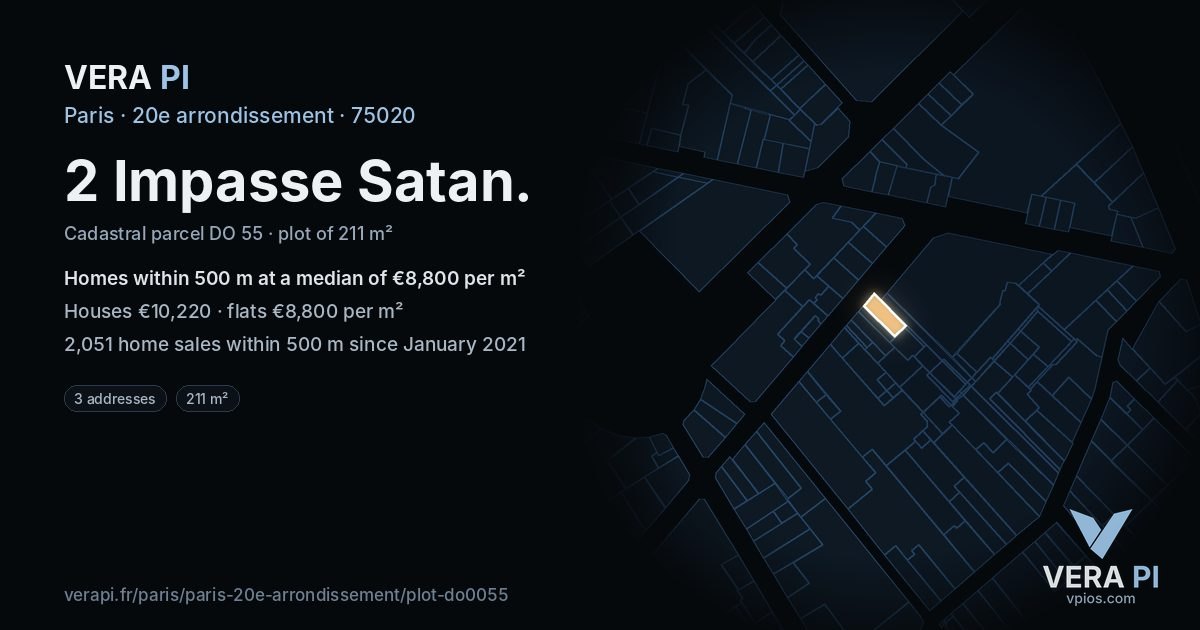 2 Impasse Satan, 20e arrondissement at night – the plot lit, the parcels around coloured by the prices near them