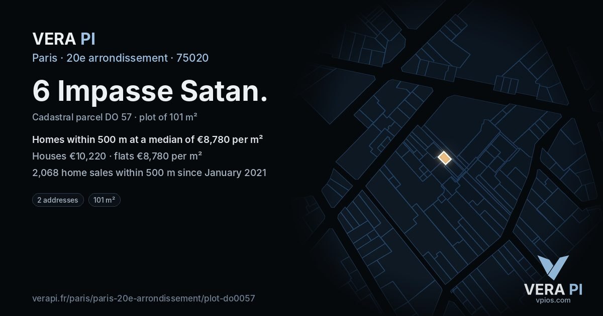 6 Impasse Satan, 20e arrondissement at night – the plot lit, the parcels around coloured by the prices near them