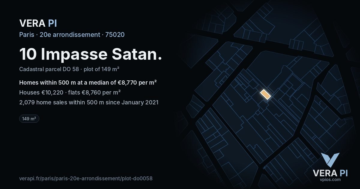 10 Impasse Satan, 20e arrondissement at night – the plot lit, the parcels around coloured by the prices near them