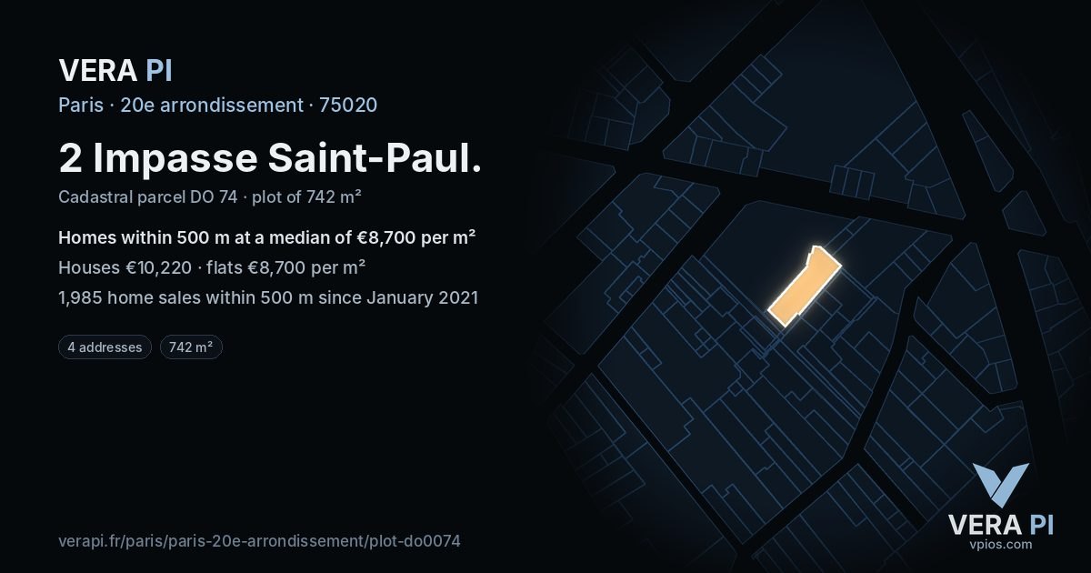 2 Impasse Saint-Paul, 20e arrondissement at night – the plot lit, the parcels around coloured by the prices near them