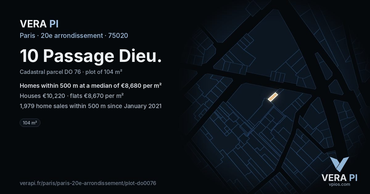 10 Passage Dieu, 20e arrondissement at night – the plot lit, the parcels around coloured by the prices near them
