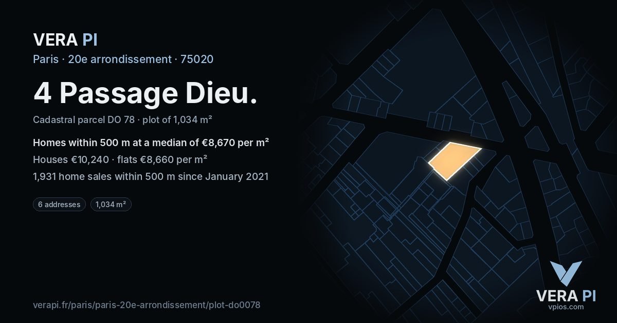 4 Passage Dieu, 20e arrondissement at night – the plot lit, the parcels around coloured by the prices near them