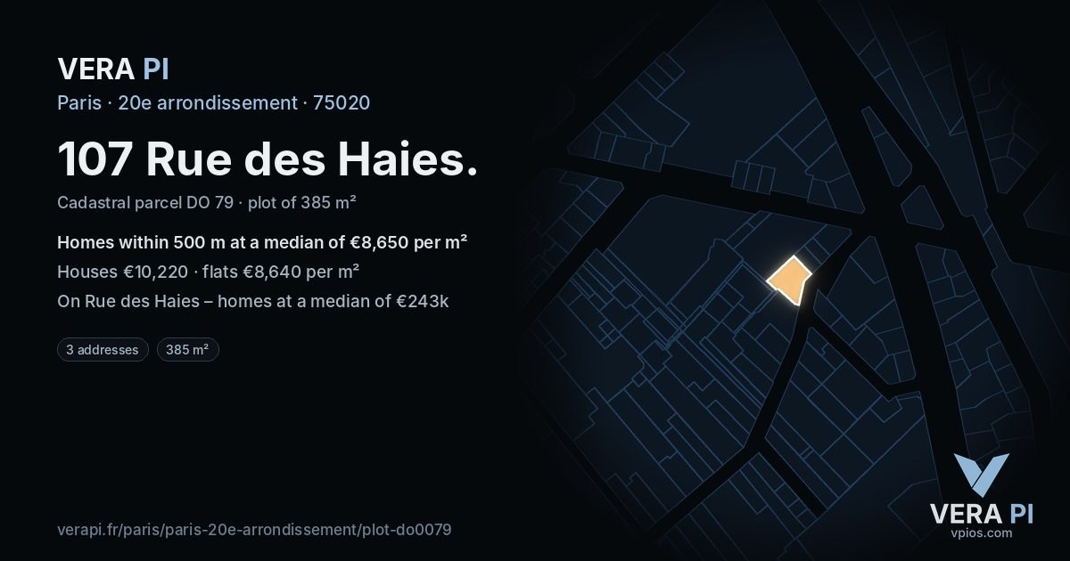 107 Rue des Haies, 20e arrondissement at night – the plot lit, the parcels around coloured by the prices near them