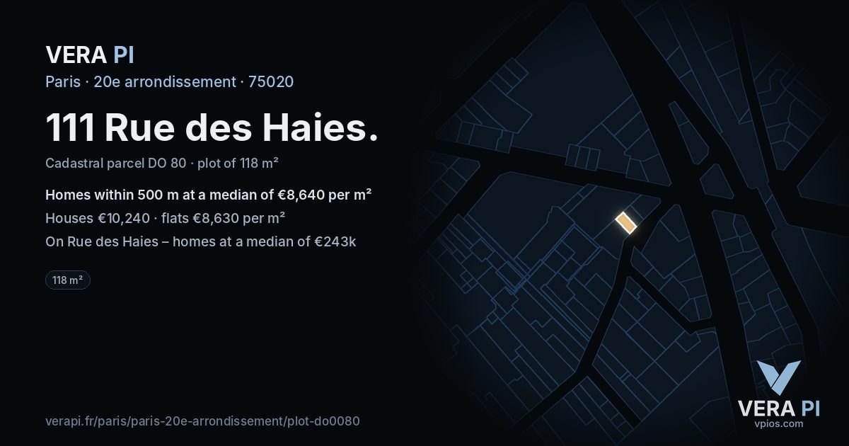 111 Rue des Haies, 20e arrondissement at night – the plot lit, the parcels around coloured by the prices near them