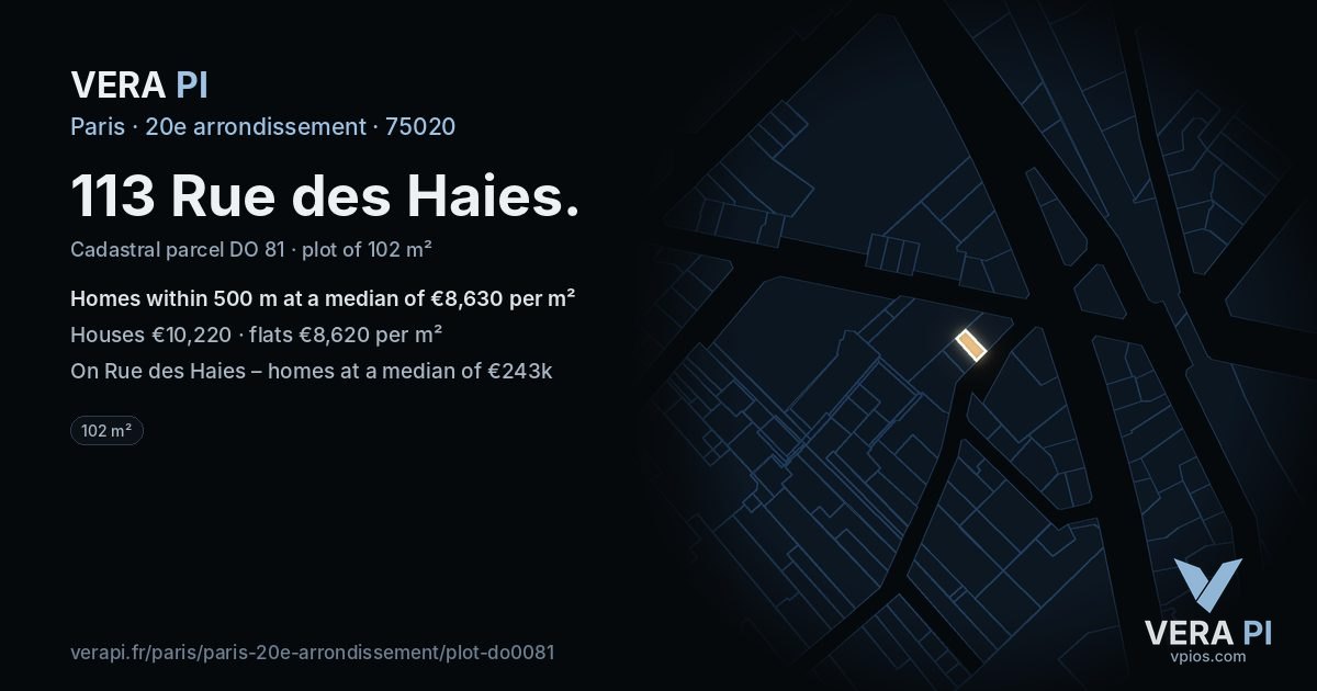 113 Rue des Haies, 20e arrondissement at night – the plot lit, the parcels around coloured by the prices near them
