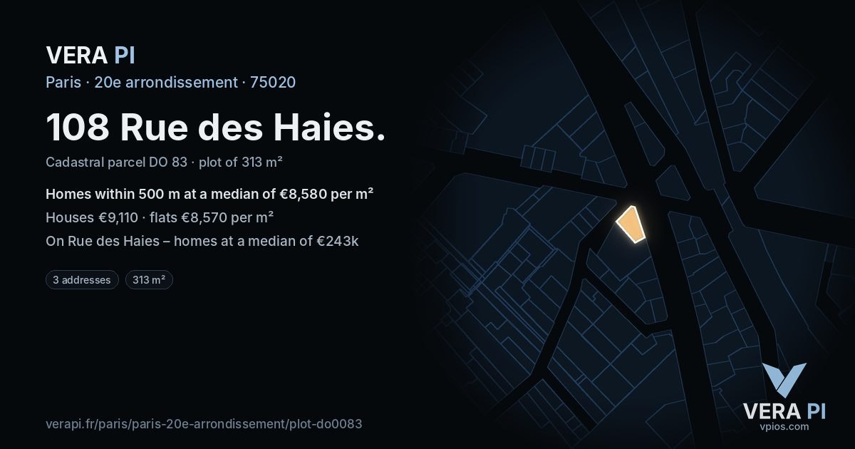 108 Rue des Haies, 20e arrondissement at night – the plot lit, the parcels around coloured by the prices near them