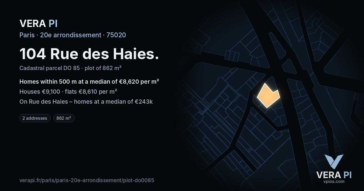 104 Rue des Haies, 20e arrondissement at night – the plot lit, the parcels around coloured by the prices near them