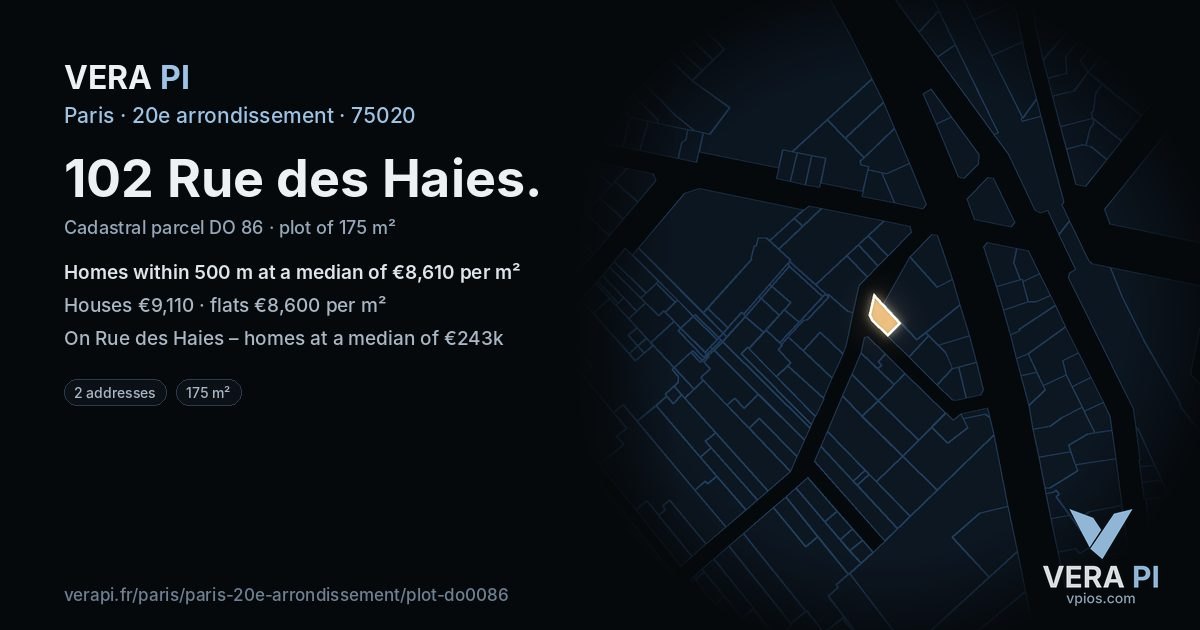 102 Rue des Haies, 20e arrondissement at night – the plot lit, the parcels around coloured by the prices near them