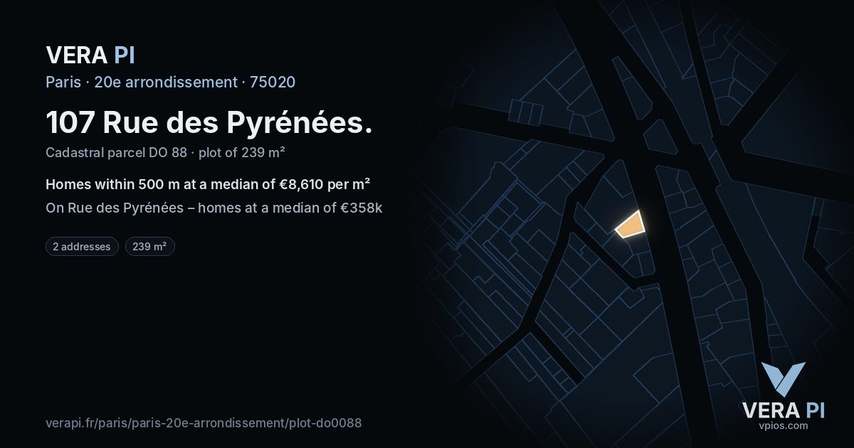 107 Rue des Pyrénées, 20e arrondissement at night – the plot lit, the parcels around coloured by the prices near them