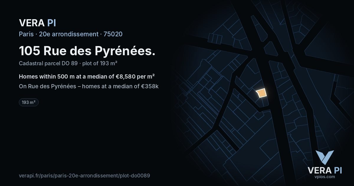 105 Rue des Pyrénées, 20e arrondissement at night – the plot lit, the parcels around coloured by the prices near them