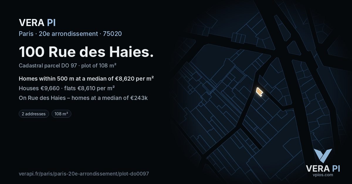 100 Rue des Haies, 20e arrondissement at night – the plot lit, the parcels around coloured by the prices near them