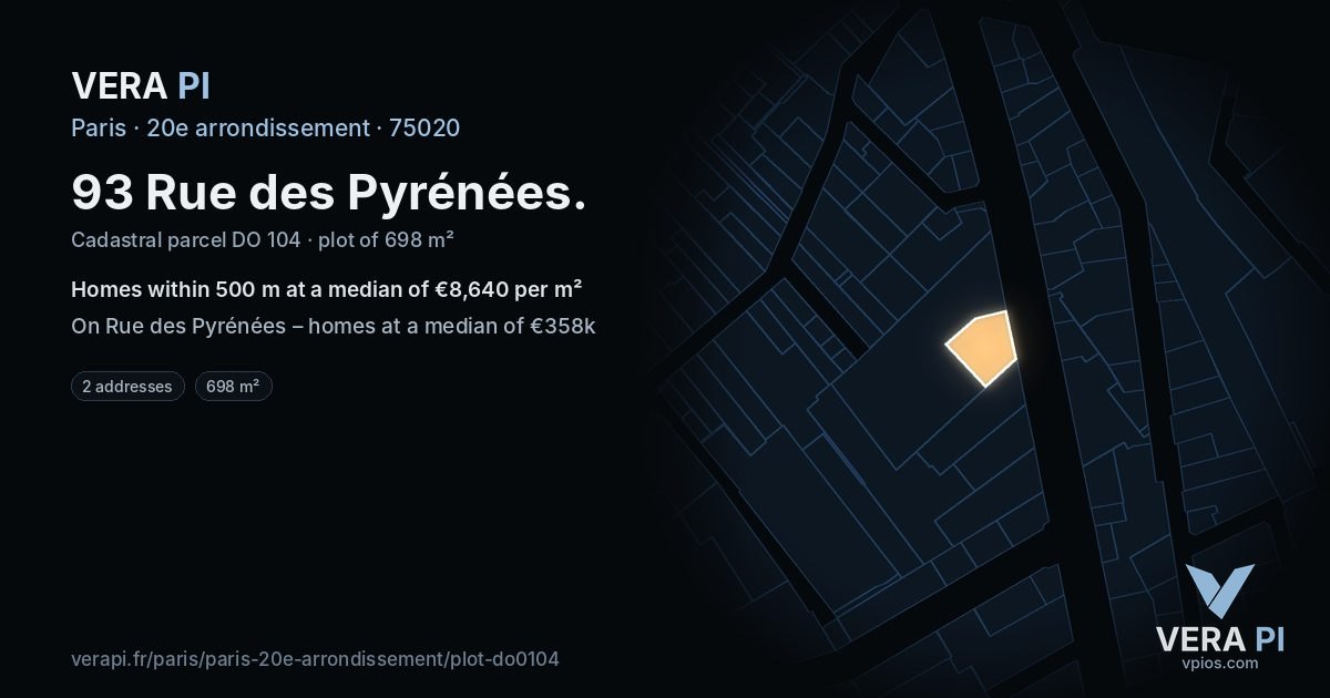 93 Rue des Pyrénées, 20e arrondissement at night – the plot lit, the parcels around coloured by the prices near them