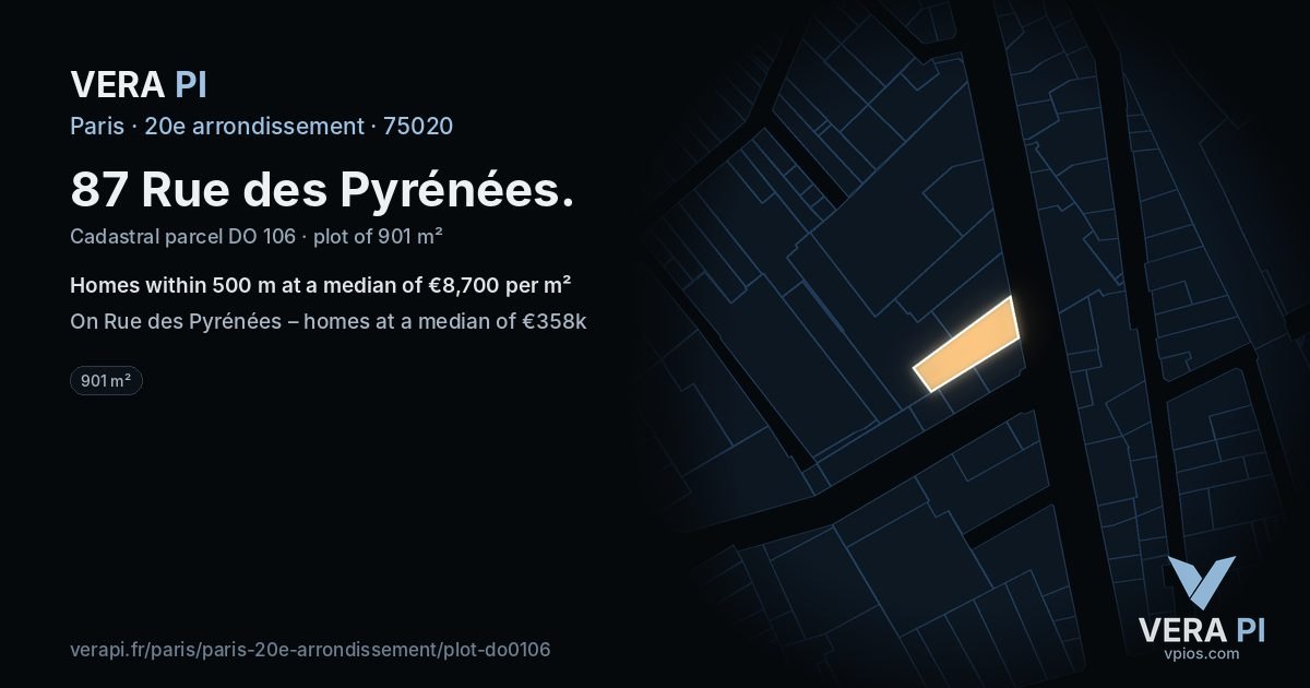 87 Rue des Pyrénées, 20e arrondissement at night – the plot lit, the parcels around coloured by the prices near them