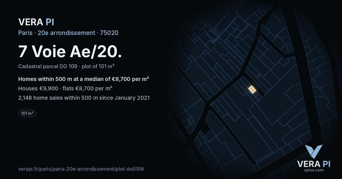 7 Voie Ae/20, 20e arrondissement at night – the plot lit, the parcels around coloured by the prices near them
