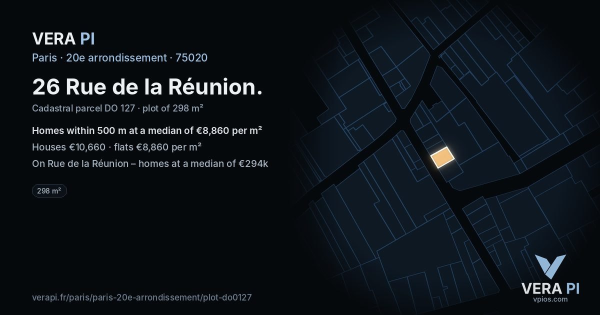 26 Rue de la Réunion, 20e arrondissement at night – the plot lit, the parcels around coloured by the prices near them