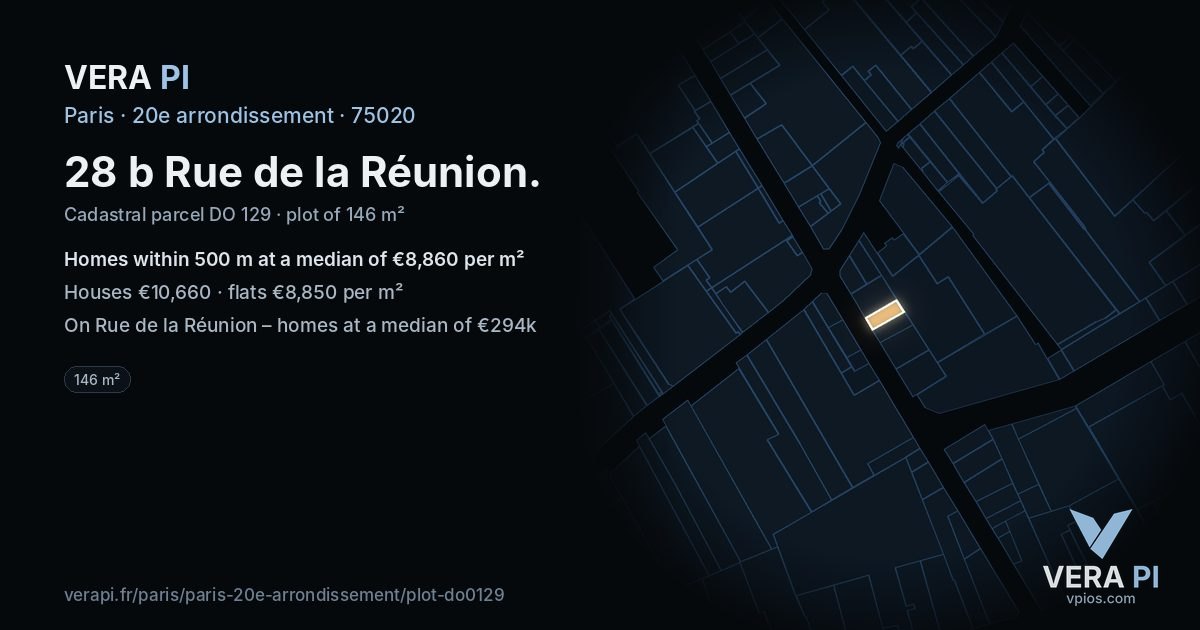 28 b Rue de la Réunion, 20e arrondissement at night – the plot lit, the parcels around coloured by the prices near them