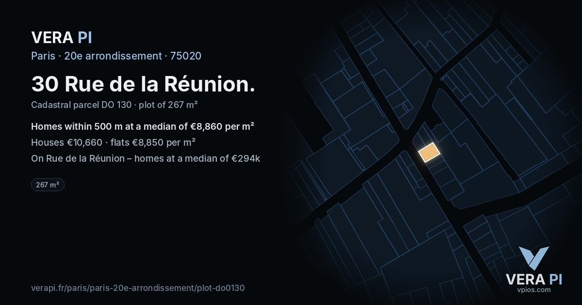 30 Rue de la Réunion, 20e arrondissement at night – the plot lit, the parcels around coloured by the prices near them