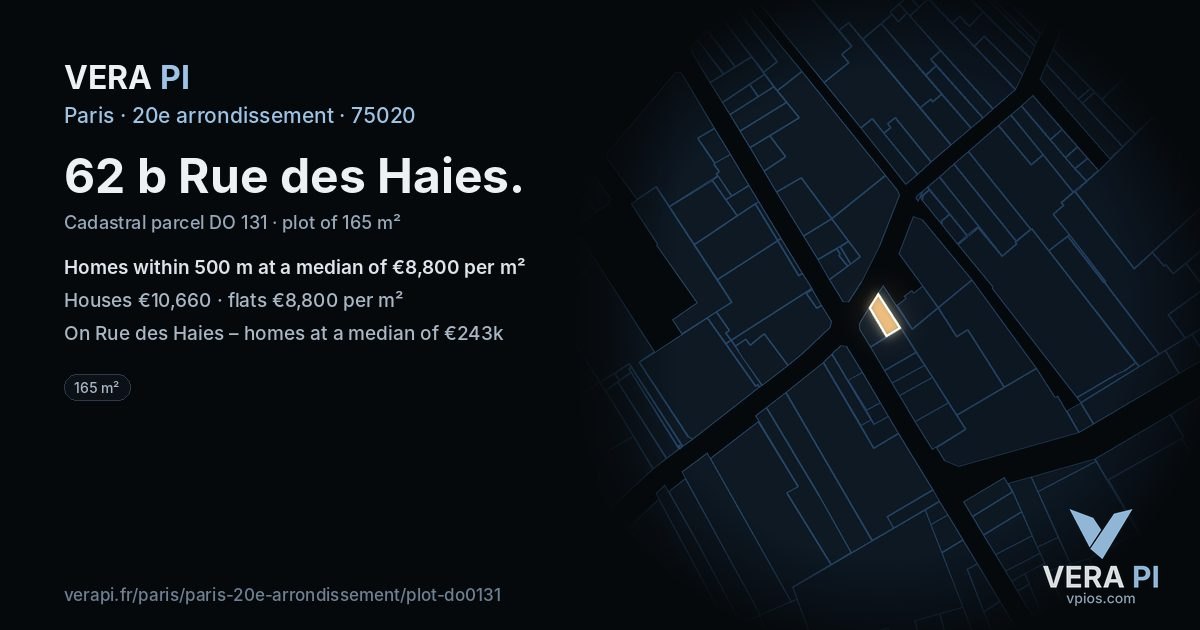 62 b Rue des Haies, 20e arrondissement at night – the plot lit, the parcels around coloured by the prices near them