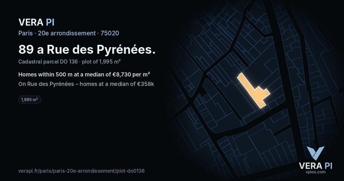 89 a Rue des Pyrénées, 20e arrondissement at night – the plot lit, the parcels around coloured by the prices near them