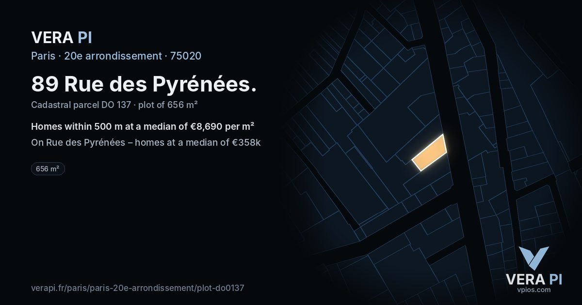 89 Rue des Pyrénées, 20e arrondissement at night – the plot lit, the parcels around coloured by the prices near them