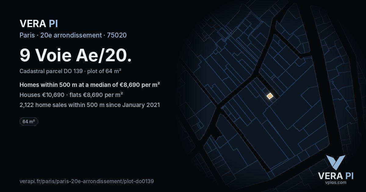 9 Voie Ae/20, 20e arrondissement at night – the plot lit, the parcels around coloured by the prices near them