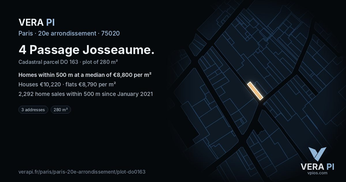 4 Passage Josseaume, 20e arrondissement at night – the plot lit, the parcels around coloured by the prices near them