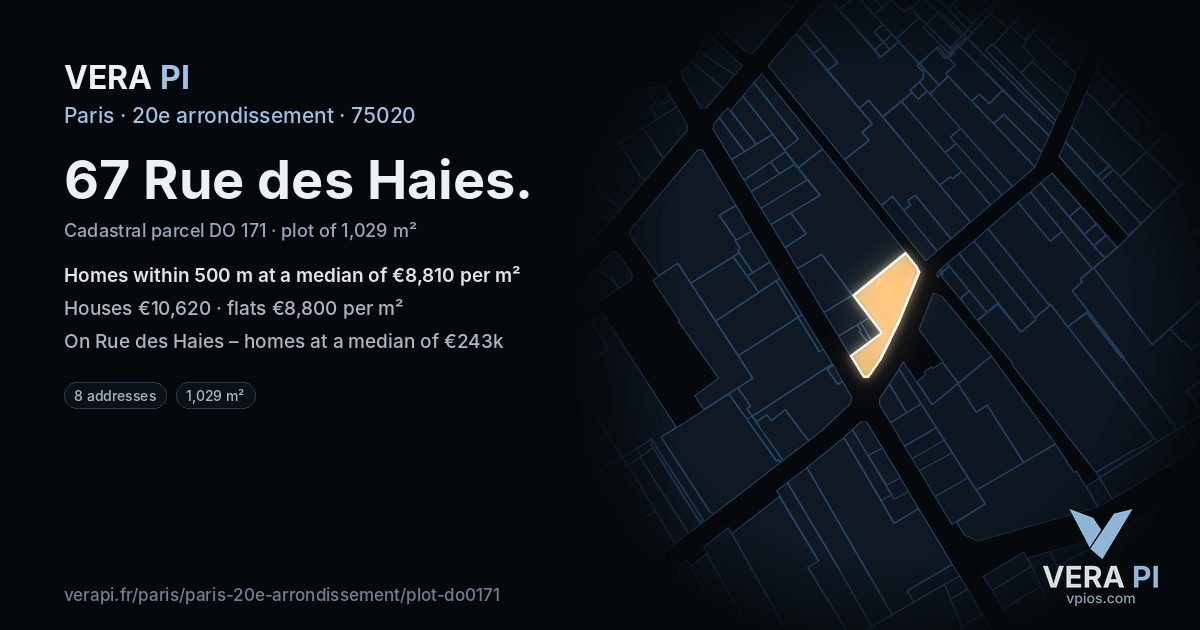 67 Rue des Haies, 20e arrondissement at night – the plot lit, the parcels around coloured by the prices near them