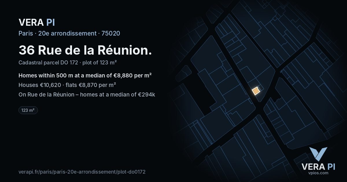 36 Rue de la Réunion, 20e arrondissement at night – the plot lit, the parcels around coloured by the prices near them