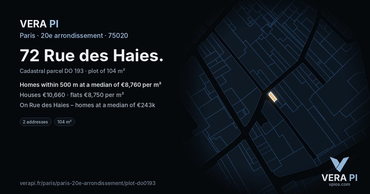 72 Rue des Haies, 20e arrondissement at night – the plot lit, the parcels around coloured by the prices near them