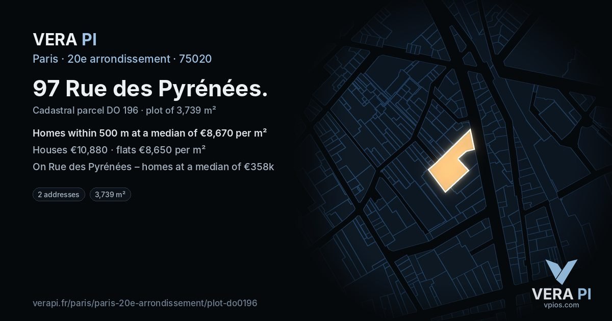 97 Rue des Pyrénées, 20e arrondissement at night – the plot lit, the parcels around coloured by the prices near them