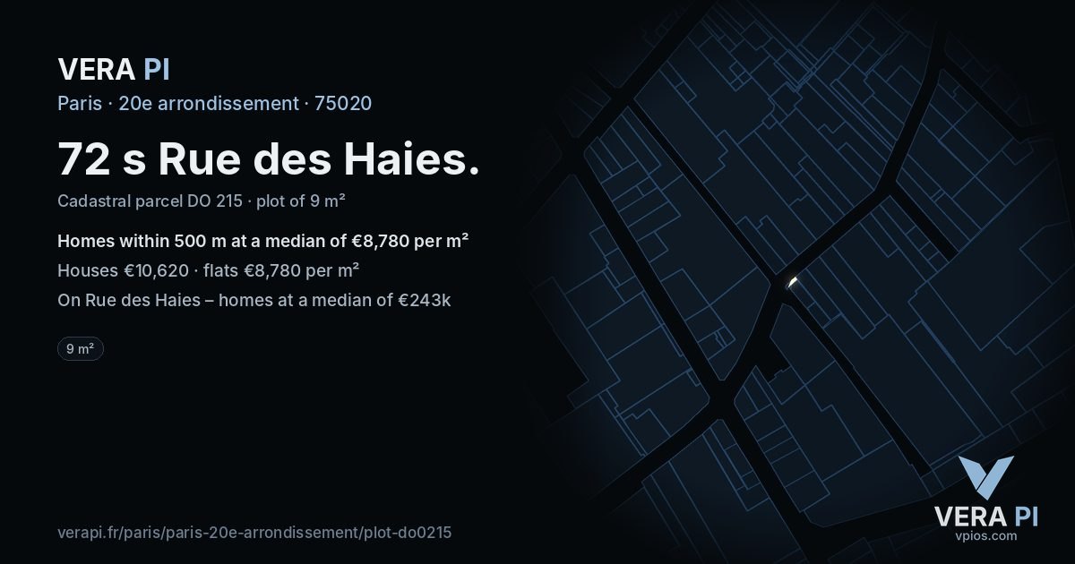 72 s Rue des Haies, 20e arrondissement at night – the plot lit, the parcels around coloured by the prices near them