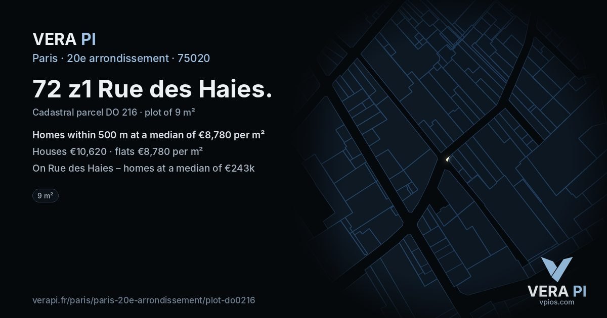 72 z1 Rue des Haies, 20e arrondissement at night – the plot lit, the parcels around coloured by the prices near them