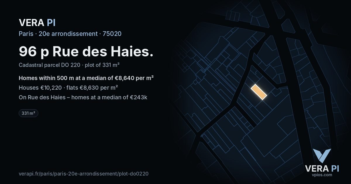 96 p Rue des Haies, 20e arrondissement at night – the plot lit, the parcels around coloured by the prices near them