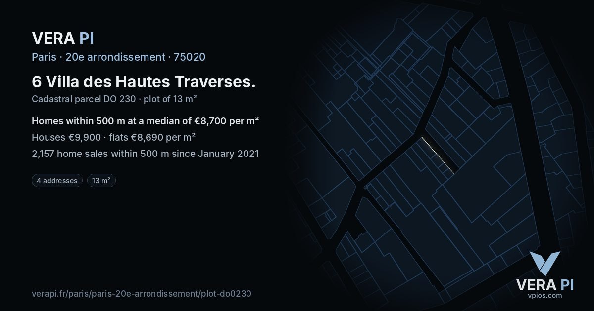 6 Villa des Hautes Traverses, 20e arrondissement at night – the plot lit, the parcels around coloured by the prices near them