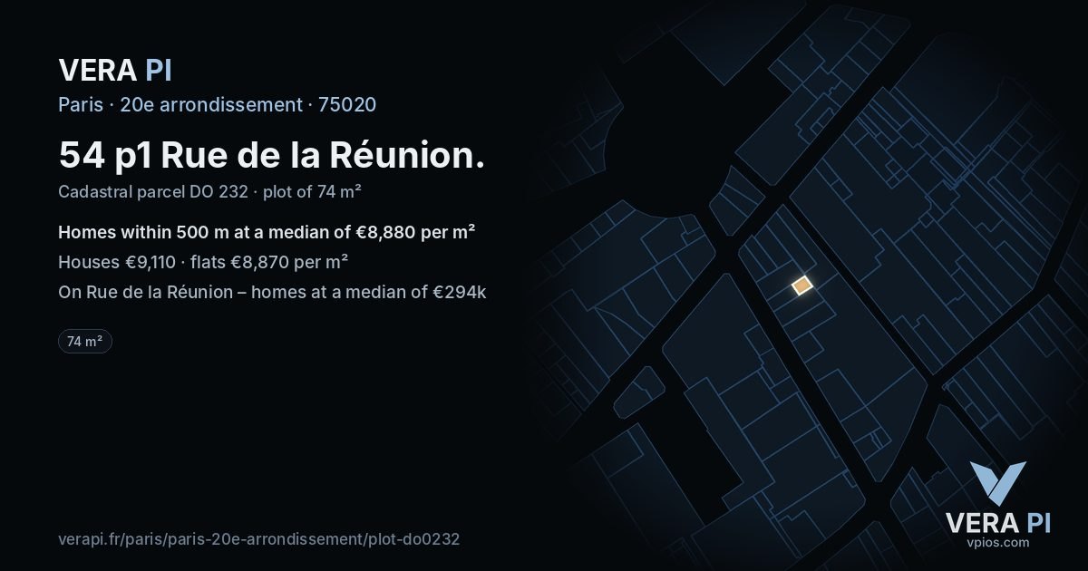 54 p1 Rue de la Réunion, 20e arrondissement at night – the plot lit, the parcels around coloured by the prices near them