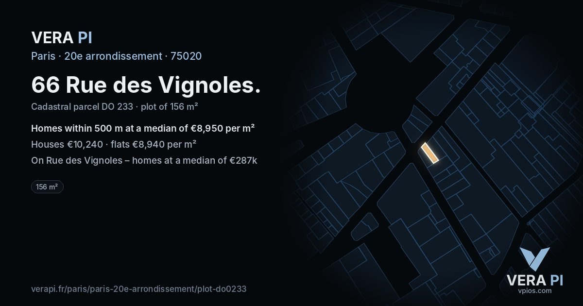 66 Rue des Vignoles, 20e arrondissement at night – the plot lit, the parcels around coloured by the prices near them