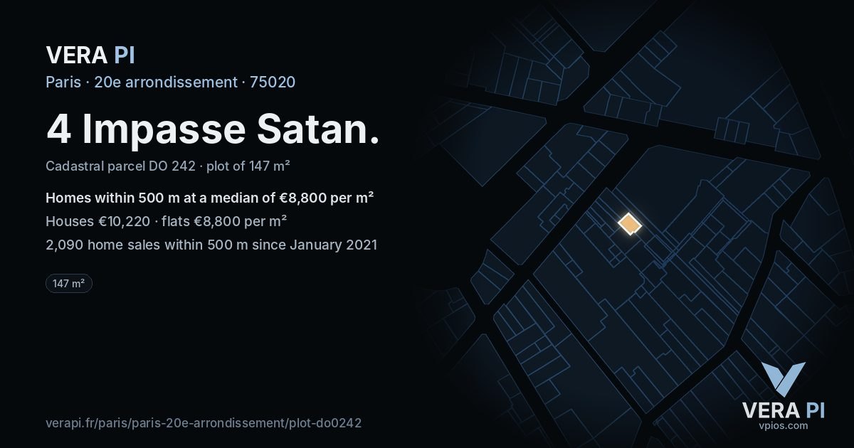 4 Impasse Satan, 20e arrondissement at night – the plot lit, the parcels around coloured by the prices near them