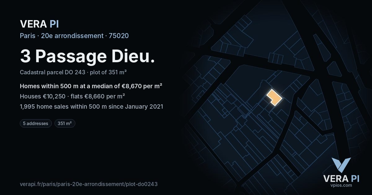 3 Passage Dieu, 20e arrondissement at night – the plot lit, the parcels around coloured by the prices near them