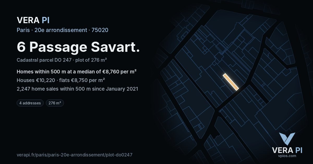 6 Passage Savart, 20e arrondissement at night – the plot lit, the parcels around coloured by the prices near them