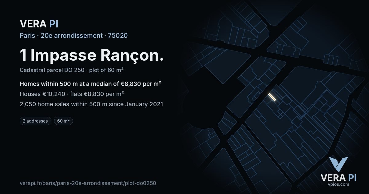 1 Impasse Rançon, 20e arrondissement at night – the plot lit, the parcels around coloured by the prices near them