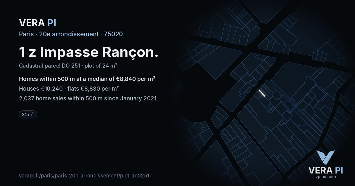 1 z Impasse Rançon, 20e arrondissement at night – the plot lit, the parcels around coloured by the prices near them