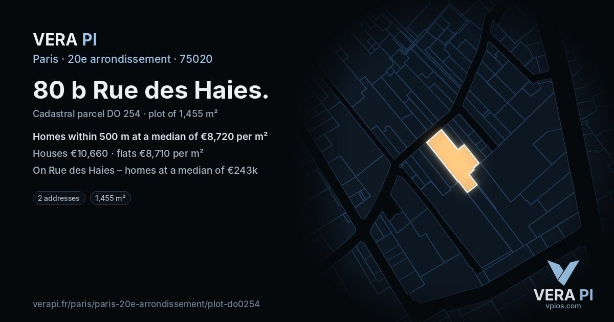 80 b Rue des Haies, 20e arrondissement at night – the plot lit, the parcels around coloured by the prices near them